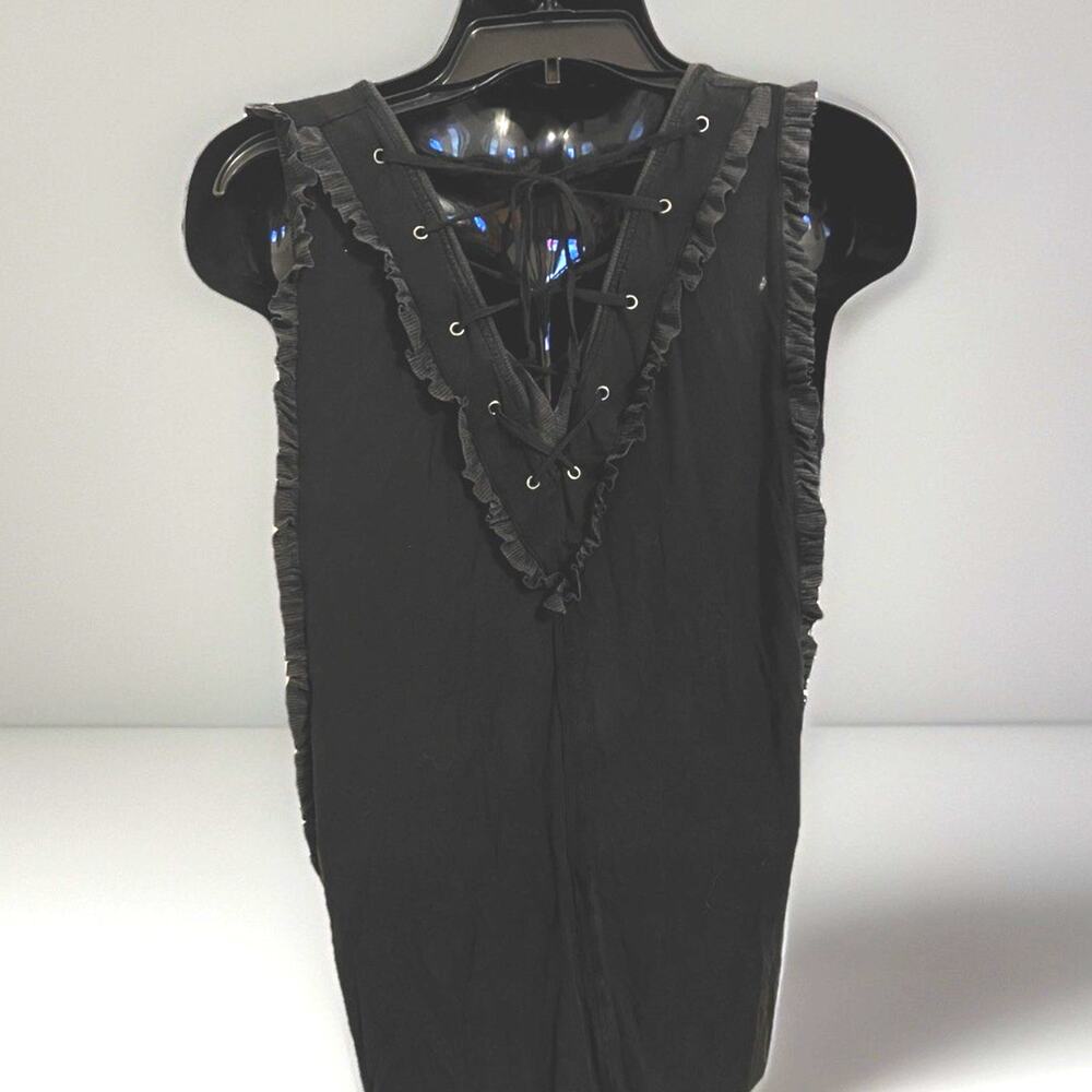 POL Gray Ruffle Trim Corset Back Swing Tunic Tank Top Grunge Boho Pocket M